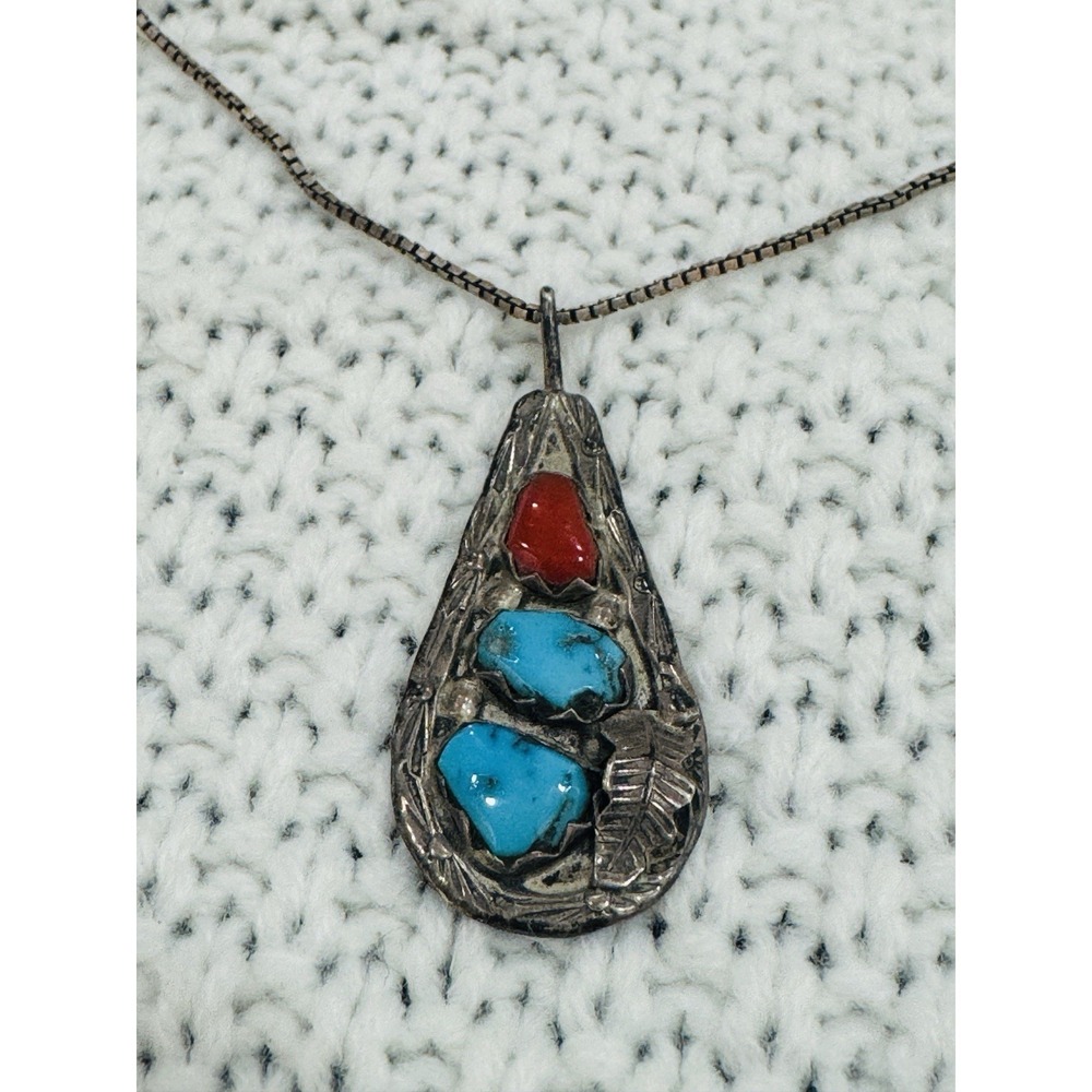 Vance 925 Sterling Silver Turquoise Coral Feather Pendant Necklace - Picture 2 of 4
